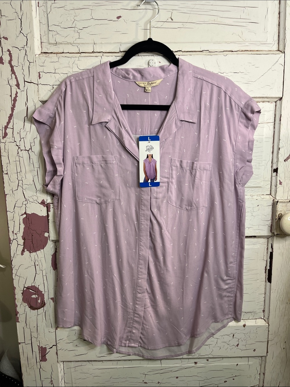 NWT JACH’s Girlfriend NY Lavender Short Sleeve Button-Front Shirt W/ Swiss Dot L